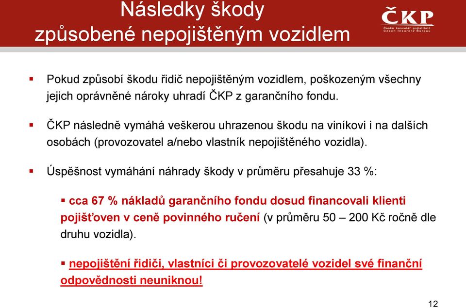 ČKP následně vymáhá veškerou uhrazenou škodu na viníkovi i na dalších osobách (provozovatel a/nebo vlastník nepojištěného vozidla).