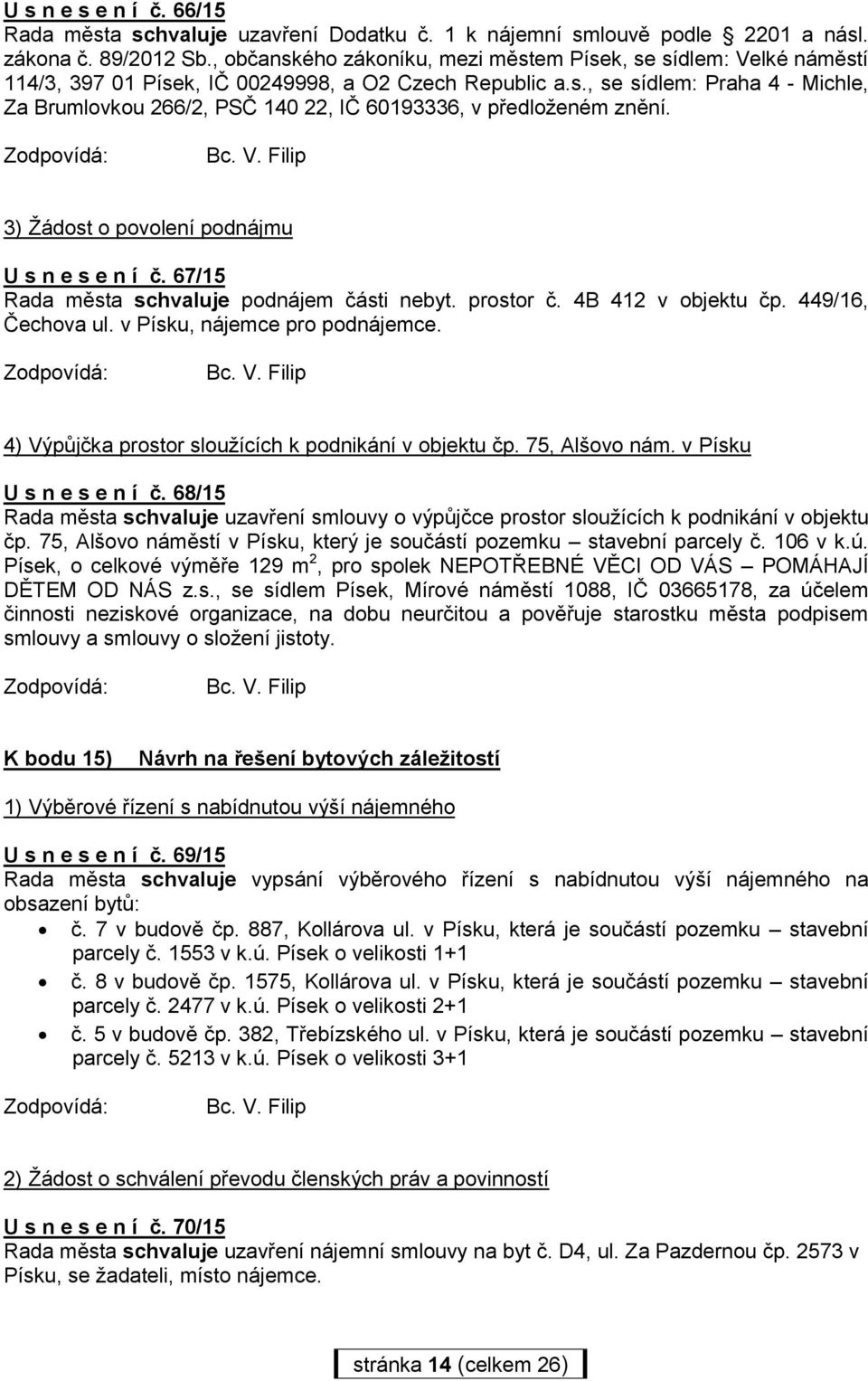 3) Žádost o povolení podnájmu U s n e s e n í č. 67/15 Rada města schvaluje podnájem části nebyt. prostor č. 4B 412 v objektu čp. 449/16, Čechova ul. v Písku, nájemce pro podnájemce.