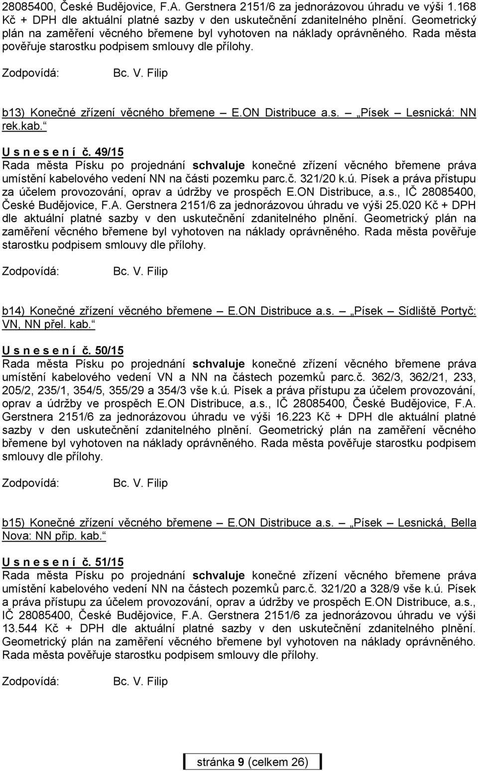 kab. U s n e s e n í č. 49/15 Rada města Písku po projednání schvaluje konečné zřízení věcného břemene práva umístění kabelového vedení NN na části pozemku parc.č. 321/20 k.ú.