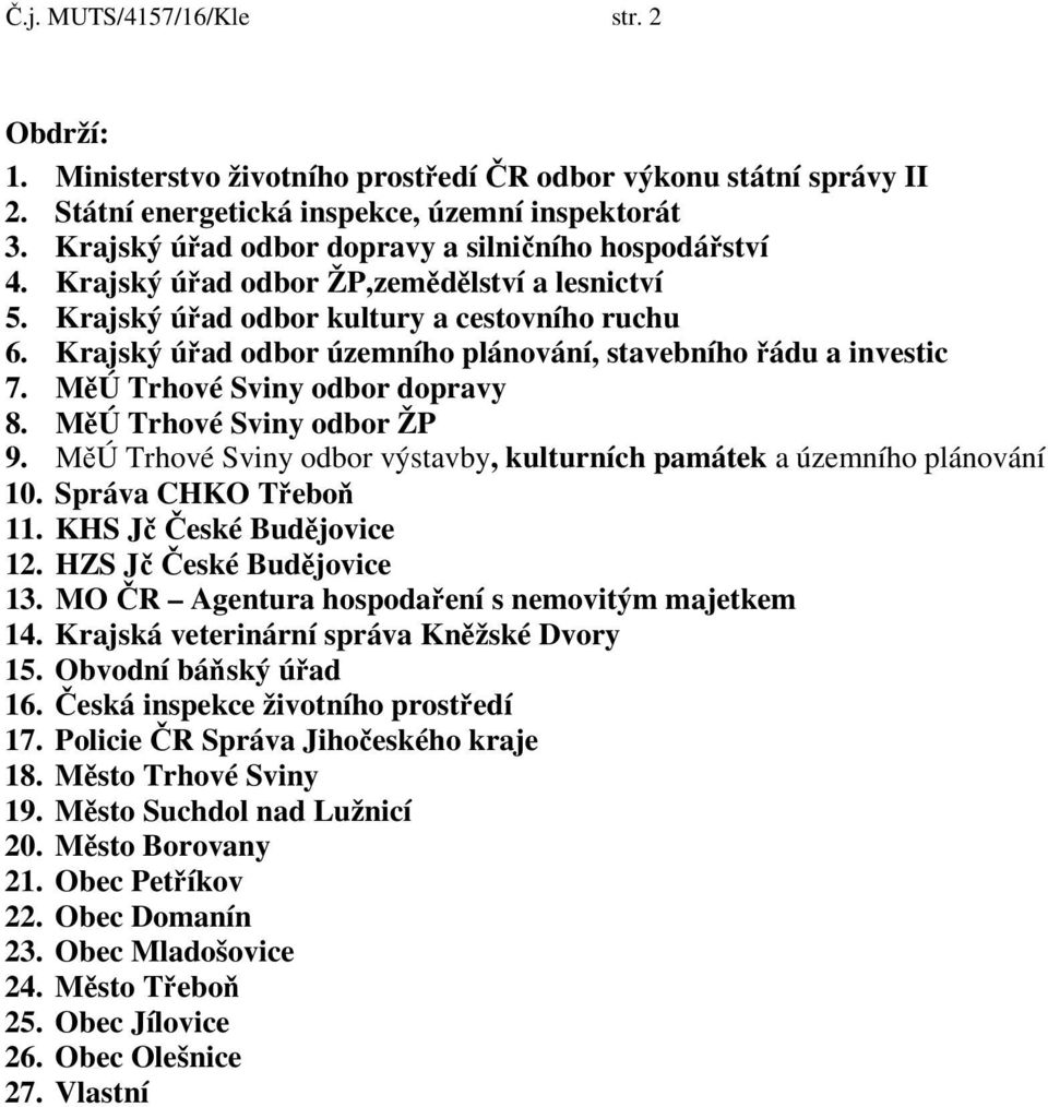 Krajský úřad odbor územního plánování, stavebního řádu a investic 7. MěÚ Trhové Sviny odbor dopravy 8. MěÚ Trhové Sviny odbor ŽP 9.