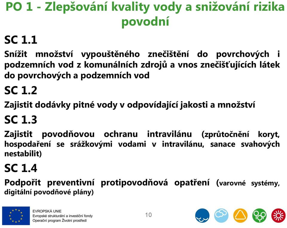 povrchových a podzemních vod SC 1.2 Zajistit dodávky pitné vody v odpovídající jakosti a množství SC 1.