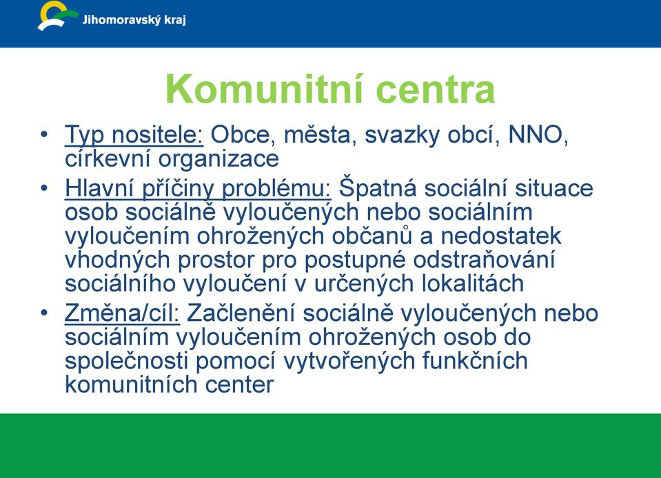 vhodných prostor pro postupné odstraňování sociálního vyloučení v určených lokalitách Změna/cíl: Začlenění