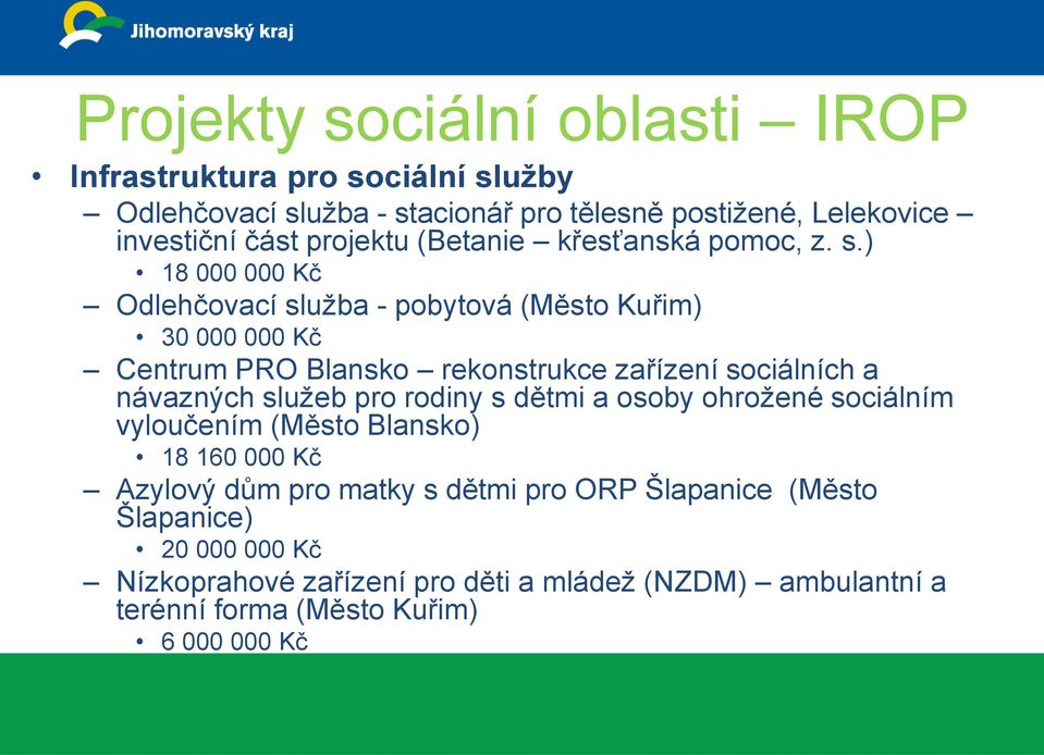 ) 18 000 000 Kč Odlehčovací služba - pobytová (Město Kuřim) 30 000 000 Kč Centrum PRO Blansko rekonstrukce zařízení sociálních a návazných služeb pro