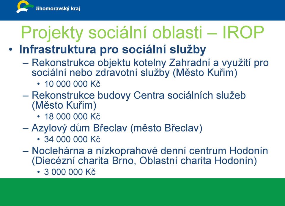 Centra sociálních služeb (Město Kuřim) 18 000 000 Kč Azylový dům Břeclav (město Břeclav) 34 000 000 Kč