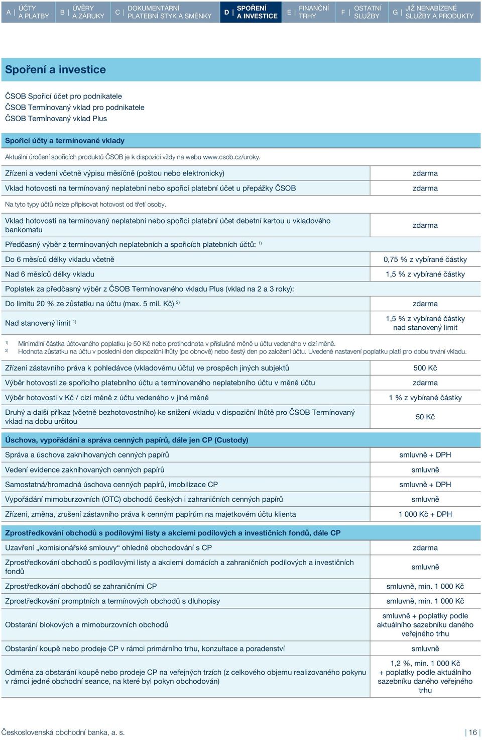 Zřízení a vedení včetně výpisu měsíčně (poštou nebo elektronicky) Vklad hotovosti na termínovaný neplatební nebo spořicí platební účet u přepážky ČSOB Na tyto typy účtů nelze připisovat hotovost od