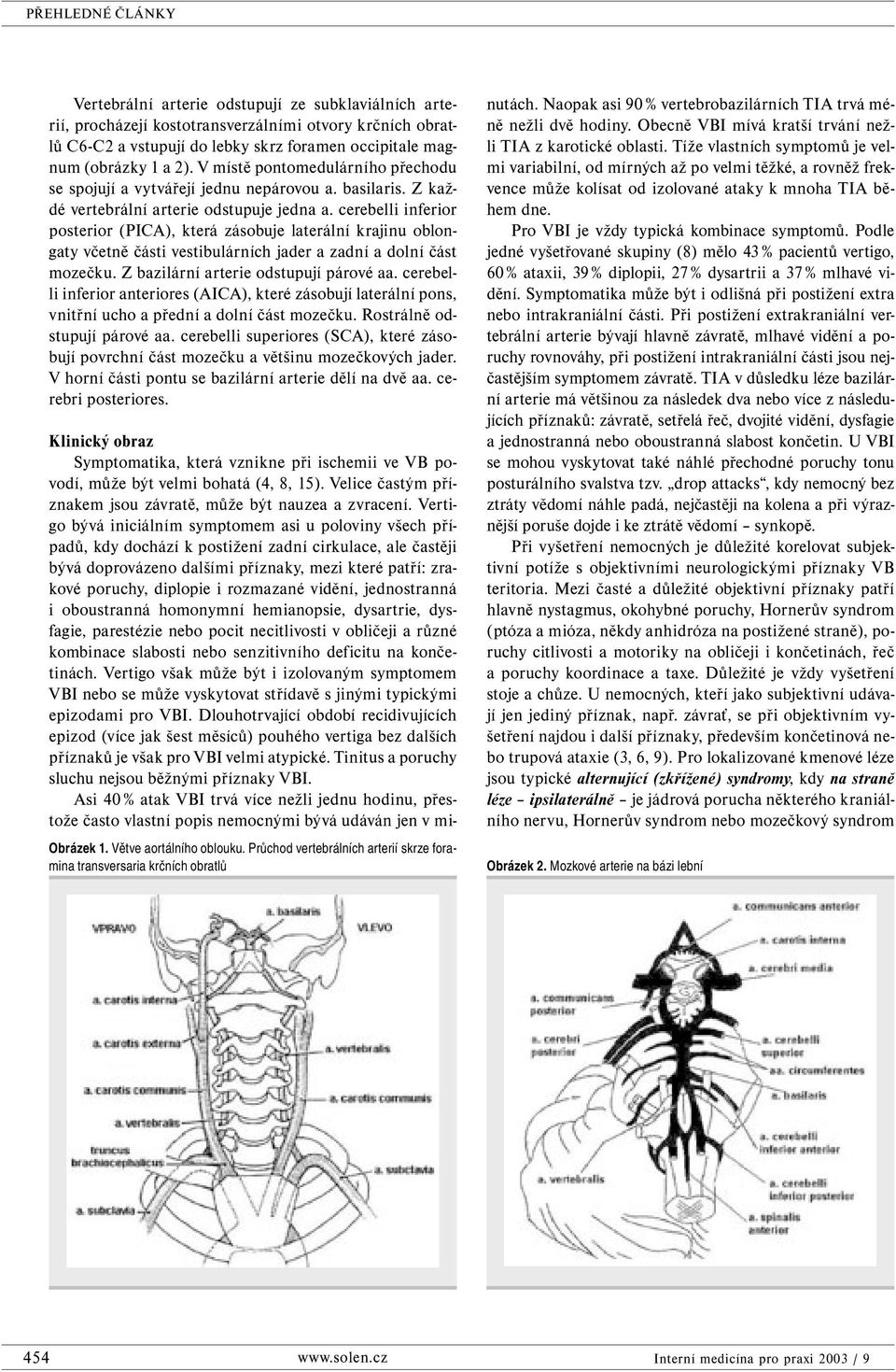 cerebelli inferior posterior (PICA), která zásobuje laterální krajinu oblongaty včetně části vestibulárních jader a zadní a dolní část mozečku. Z bazilární arterie odstupují párové aa.