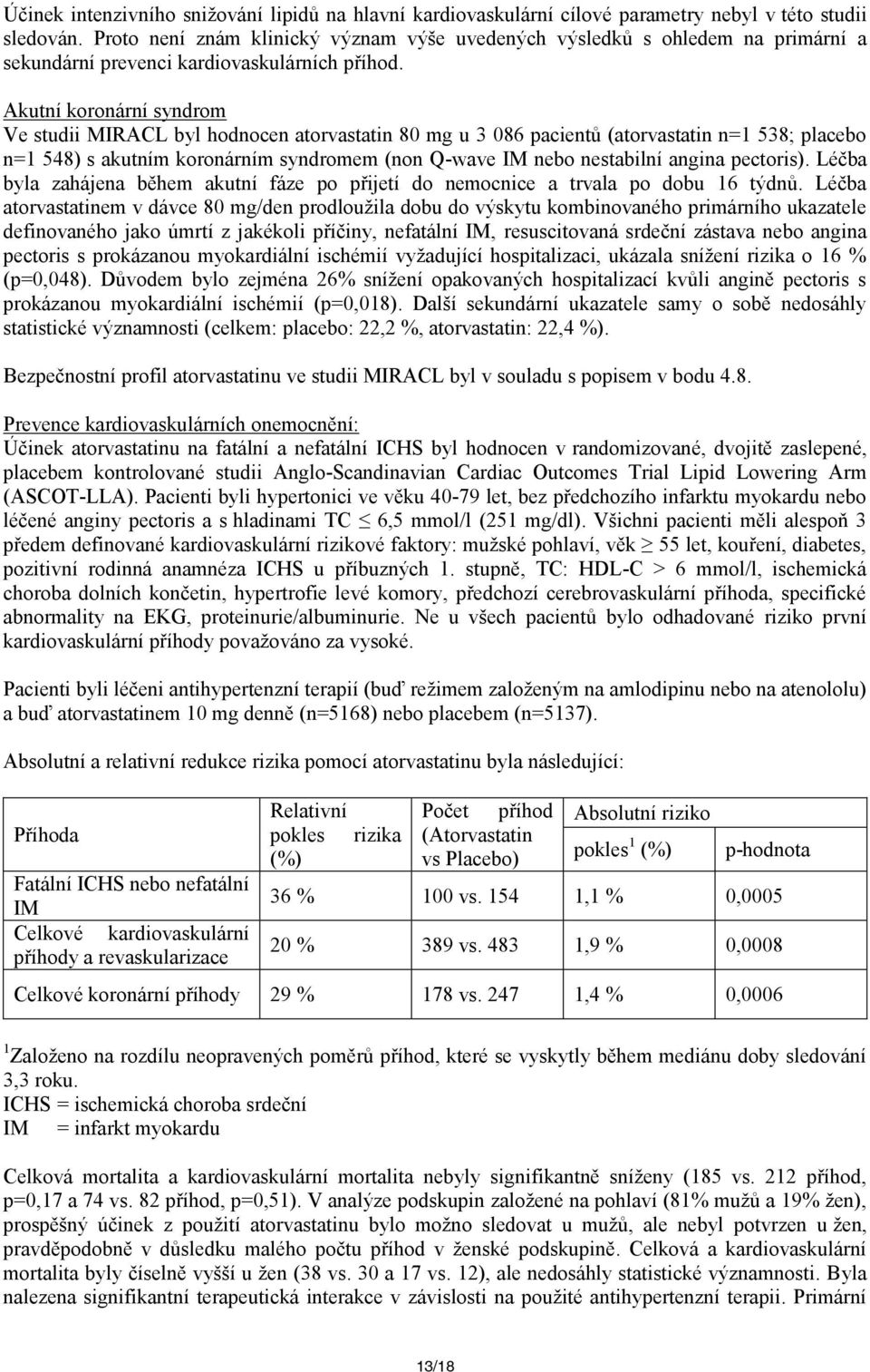 Akutní koronární syndrom Ve studii MIRACL byl hodnocen atorvastatin 80 mg u 3 086 pacientů (atorvastatin n=1 538; placebo n=1 548) s akutním koronárním syndromem (non Q-wave IM nebo nestabilní angina