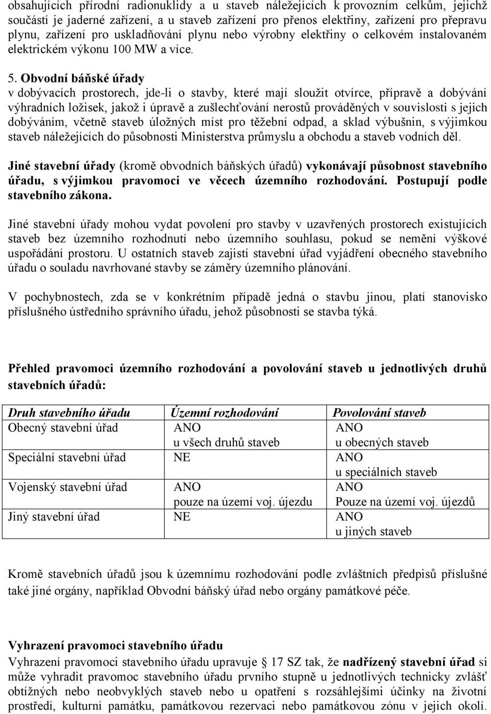 Obvodní báňské úřady v dobývacích prostorech, jde-li o stavby, které mají sloužit otvírce, přípravě a dobývání výhradních ložisek, jakož i úpravě a zušlechťování nerostů prováděných v souvislosti s