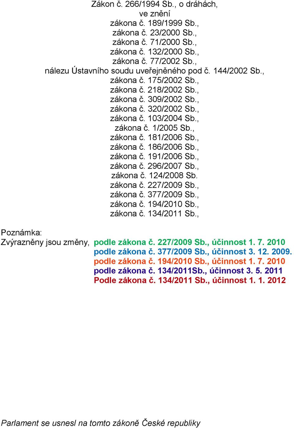 , zákona č. 181/2006 Sb., zákona č. 186/2006 Sb., zákona č. 191/2006 Sb., zákona č. 296/2007 Sb., zákona č. 124/2008 Sb. zákona č. 227/2009 Sb., zákona č. 377/2009 Sb., zákona č. 194/2010 Sb.