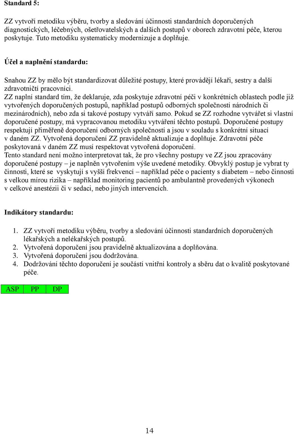 ZZ naplní standard tím, že deklaruje, zda poskytuje zdravotní péči v konkrétních oblastech podle již vytvořených doporučených postupů, například postupů odborných společností národních či