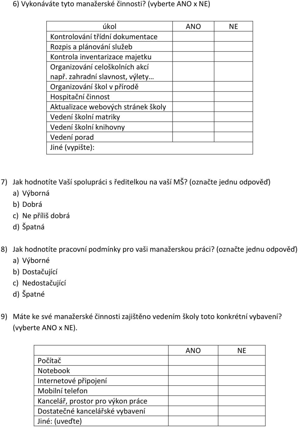 Vaší spolupráci s ředitelkou na vaší MŠ? (označte jednu odpověď) a) Výborná b) Dobrá c) Ne příliš dobrá d) Špatná 8) Jak hodnotíte pracovní podmínky pro vaši manažerskou práci?