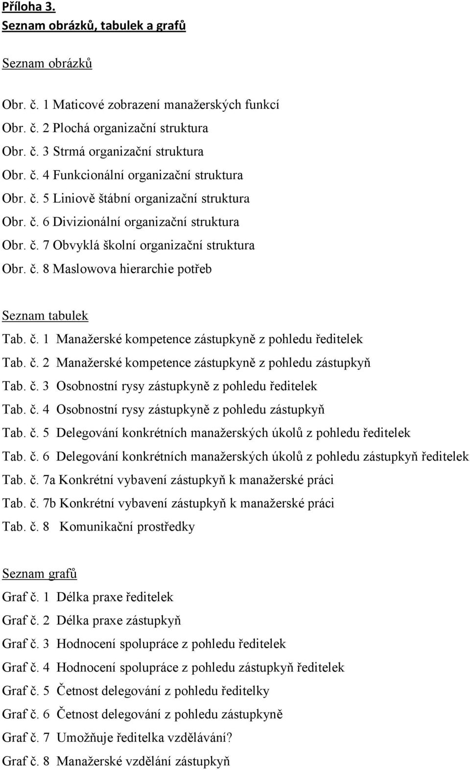 č. 2 Manažerské kompetence zástupkyně z pohledu zástupkyň Tab. č. 3 Osobnostní rysy zástupkyně z pohledu ředitelek Tab. č. 4 Osobnostní rysy zástupkyně z pohledu zástupkyň Tab. č. 5 Delegování konkrétních manažerských úkolů z pohledu ředitelek Tab.