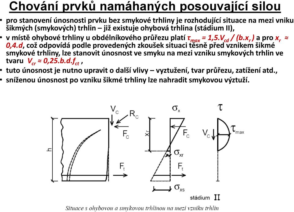 d, což odpovídá podle provedených zkoušek situaci těsně před vznikem šikmé smykové trhliny, lze stanovit únosnost ve smyku na mezi vzniku smykových trhlin ve