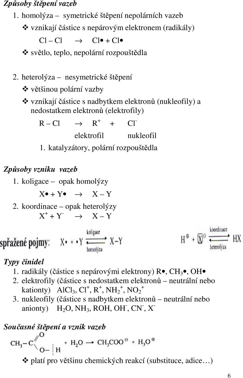 katalyzátory, polární rozpouštědla Způsoby vzniku vazeb 1. koligace opak homolýzy X + Y X Y 2. koordinace opak heterolýzy X + + Y - X Y Typy činidel 1.