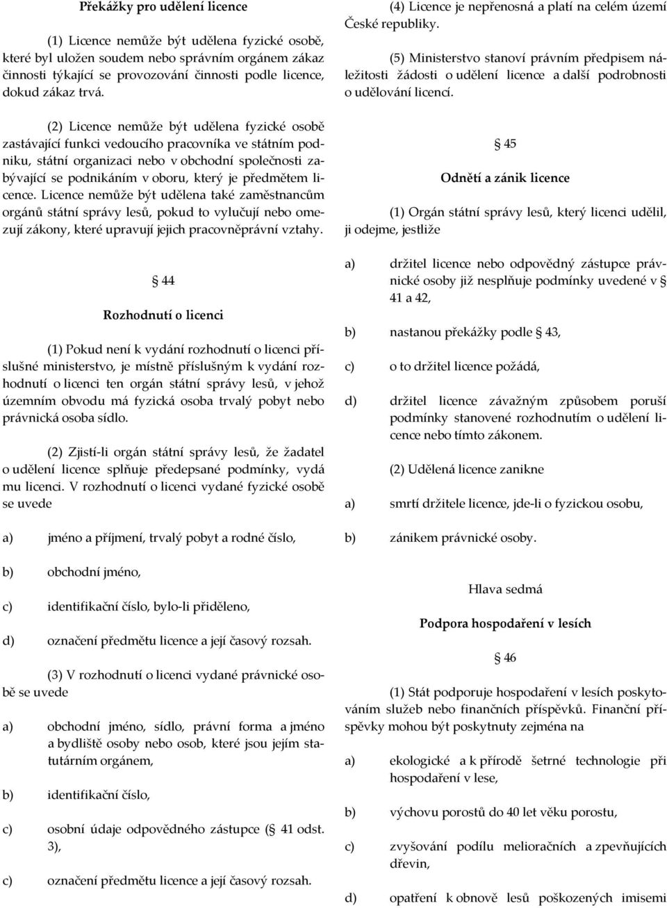 předmětem licence. Licence nemůže být udělena také zaměstnancům orgánů státní správy lesů, pokud to vylučují nebo omezují zákony, které upravují jejich pracovněprávní vztahy.