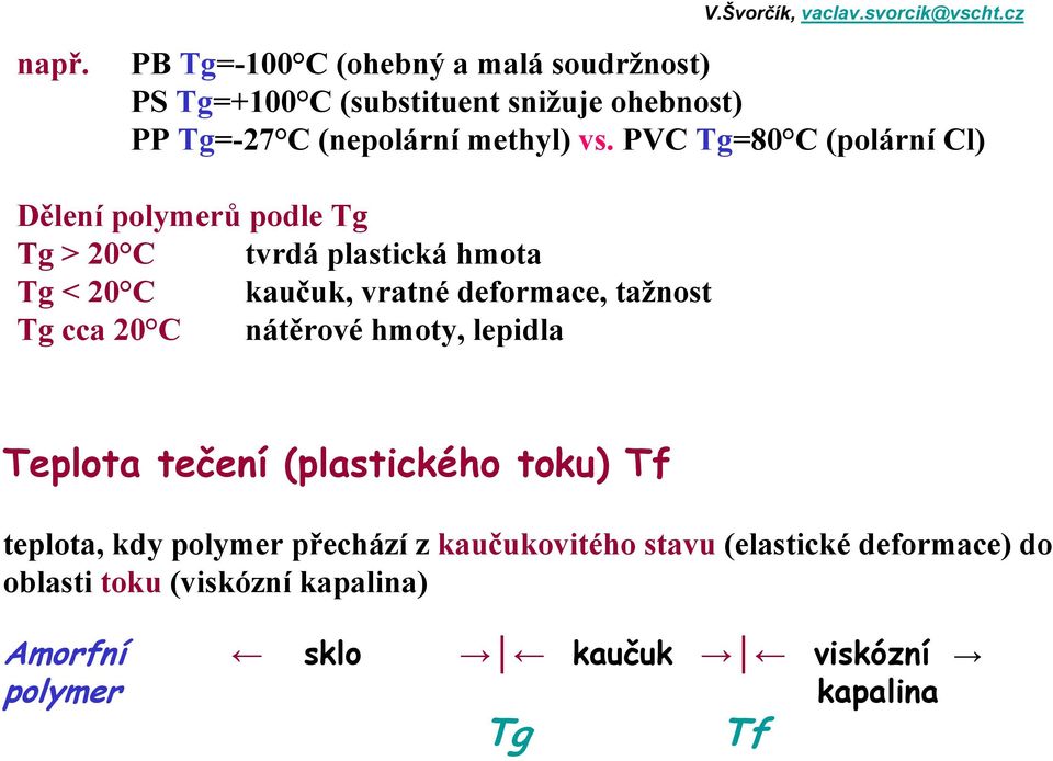 tažnost Tg cca 20 C nátěrové hmoty, lepidla Teplota tečení (plastického toku) Tf teplota, kdy polymer přechází z