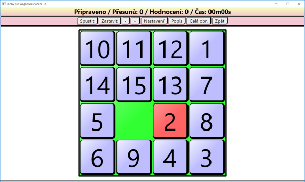 2.5 Logické (skupina) Skupina obsahuje logické hry. Jedná se zejména o hry, kdy je potřeba více přemýšlet než vykonat počet tahů. 2.5.1 Patnácka Úkolem je hry srovnat kostičky / políčka / kameny, tak aby byly seřazeny 1, 2, 3, 4, 5, 6, 7, 8, 9, 10, 11, 12, 13, 14, 15 od levého horního rohu postupně po jednotlivých řádcích.