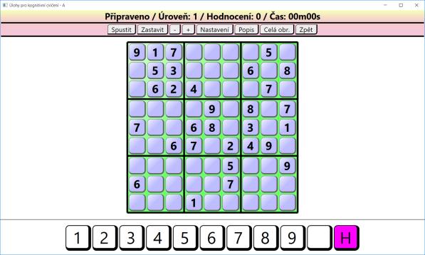 1) Vždy vybrat (klikem) číslici v dolní části, ta se podbarví fialově a poté kliknout na políčko hry kam je potřeba číslici umístit. Bílé políčko v dolní části slouží pro vymazání obsahu políčka hry.