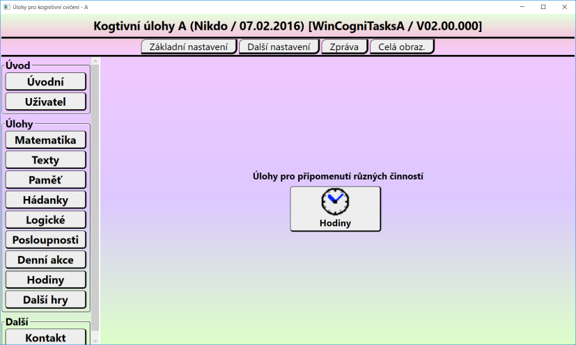 - Nákup musím vždy ukončit zaplacením. 2.8 Hodiny (skupina) Skupina obsahuje úlohy pro opakování / cvičení o získávání některých běžných denních informací. 2.8.1 Hodiny Úloha poskytuje čtyři varianty: A) Zobrazení aktuálního času.