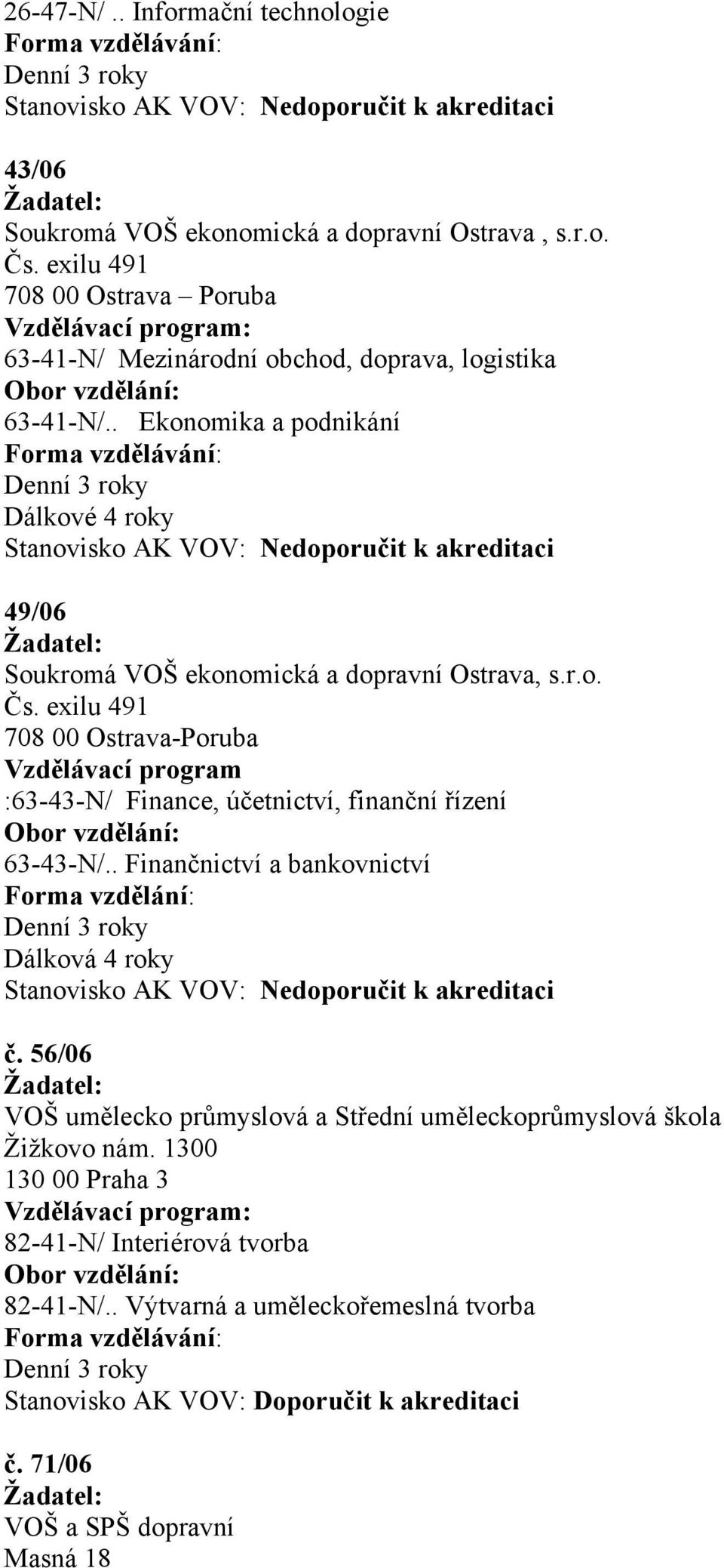 . Ekonomika a podnikání Dálkové 4 roky 49/06 Soukromá VOŠ ekonomická a dopravní Ostrava, s.r.o. Čs.