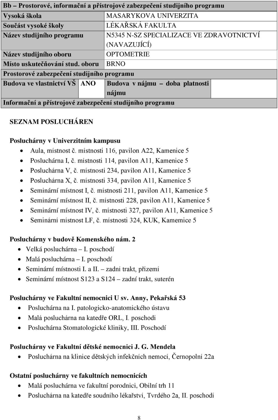 oboru BRNO Prostorové zabezpečení studijního programu Budova ve vlastnictví VŠ ANO Budova v nájmu doba platnosti nájmu Informační a přístrojové zabezpečení studijního programu SEZNAM POSLUCHÁREN