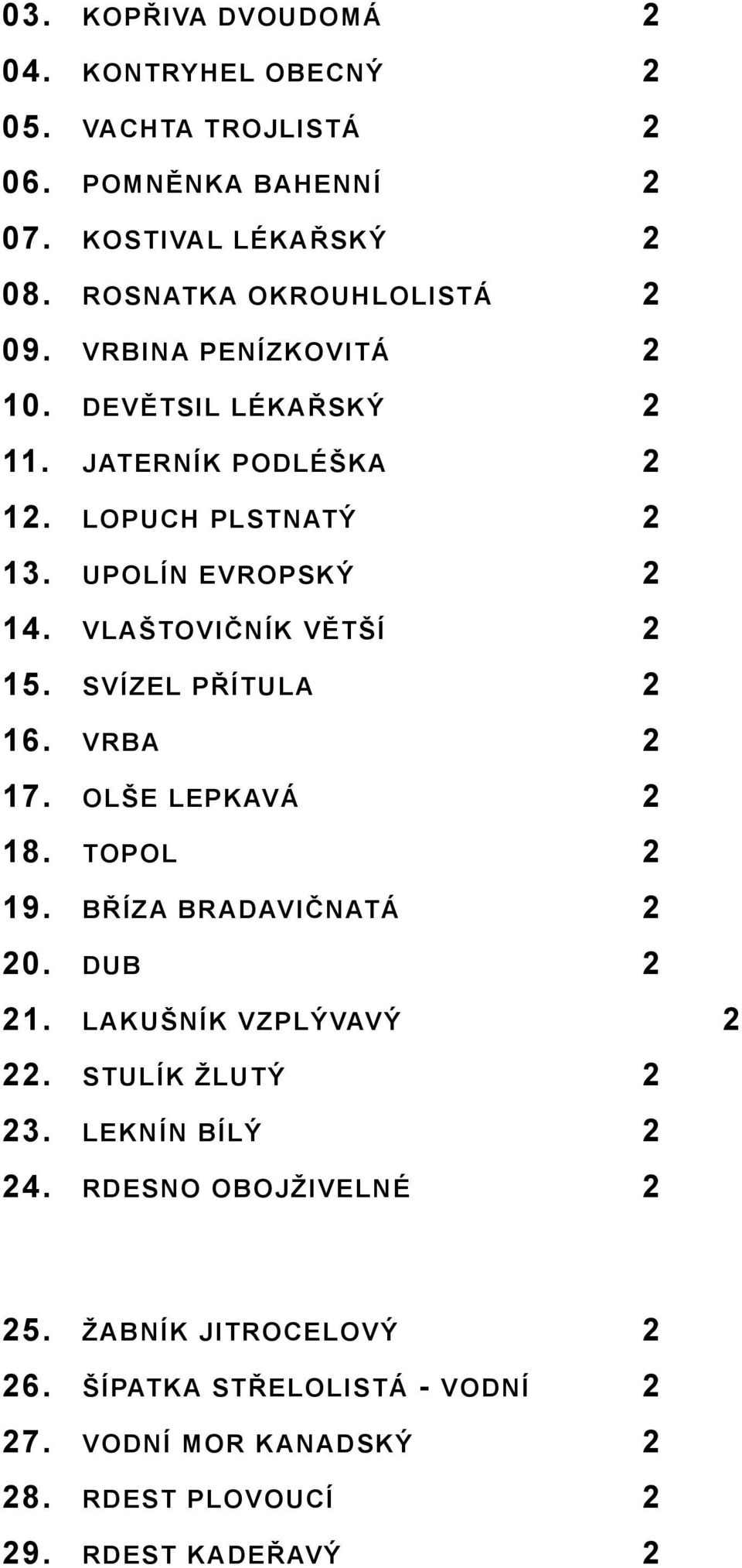 SVÍZEL PŘÍTULA 2 16. VRBA 2 17. OLŠE LEPKAVÁ 2 18. TOPOL 2 19. BŘÍZA BRADAVIČNATÁ 2 20. DUB 2 21. LAKUŠNÍK VZPLÝVAVÝ 2 22. STULÍK ŽLUTÝ 2 23.