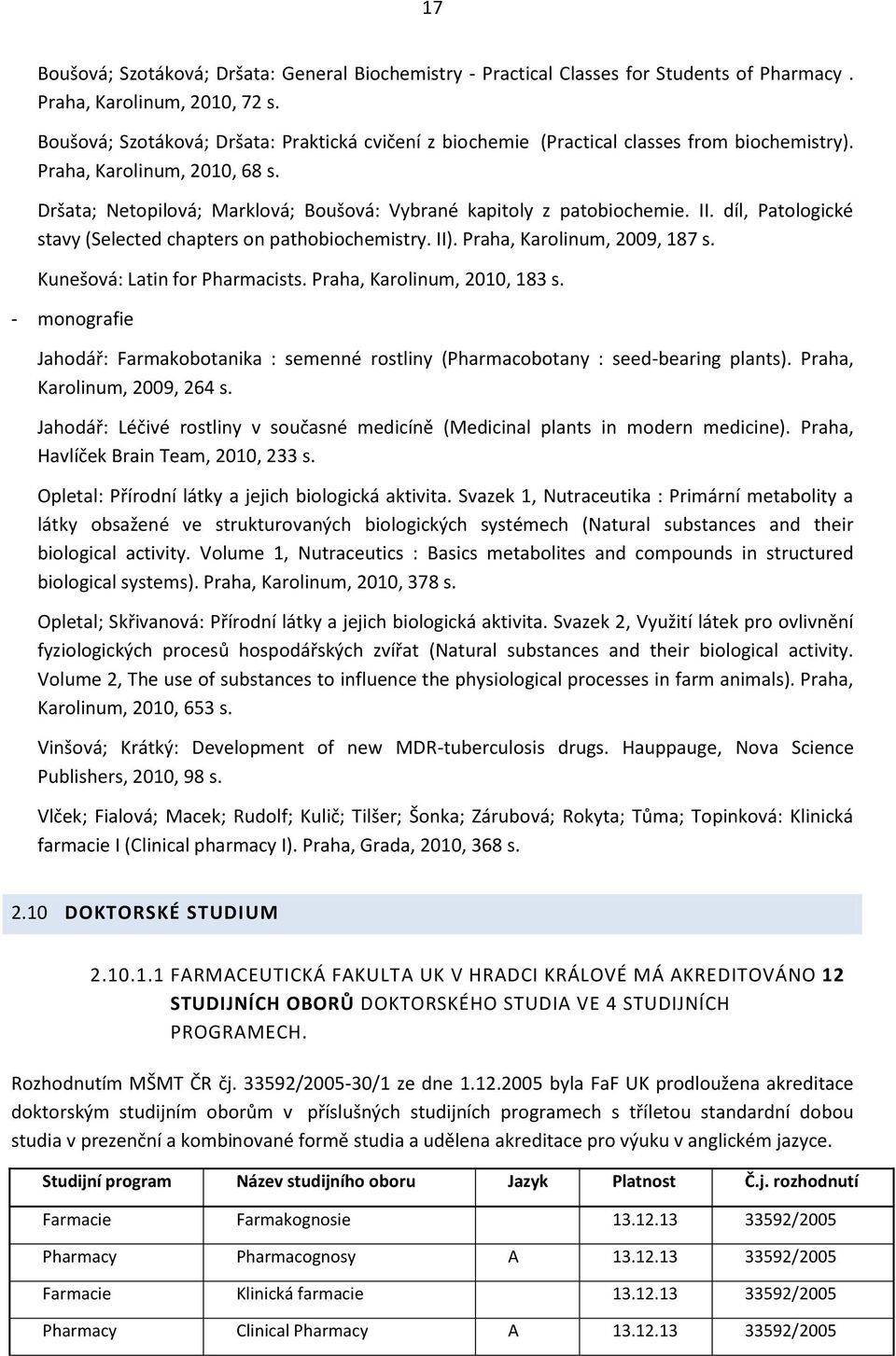 II. díl, Patologické stavy (Selected chapters on pathobiochemistry. II). Praha, Karolinum, 2009, 187 s. Kunešová: Latin for Pharmacists. Praha, Karolinum, 2010, 183 s.