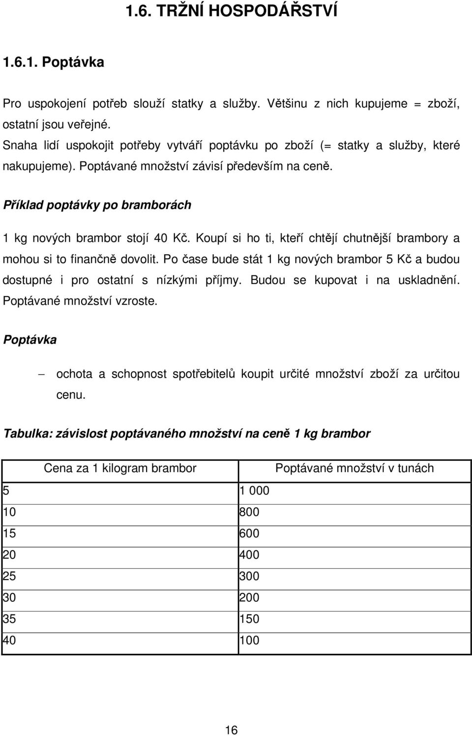 Příklad poptávky po bramborách 1 kg nových brambor stojí 40 Kč. Koupí si ho ti, kteří chtějí chutnější brambory a mohou si to finančně dovolit.