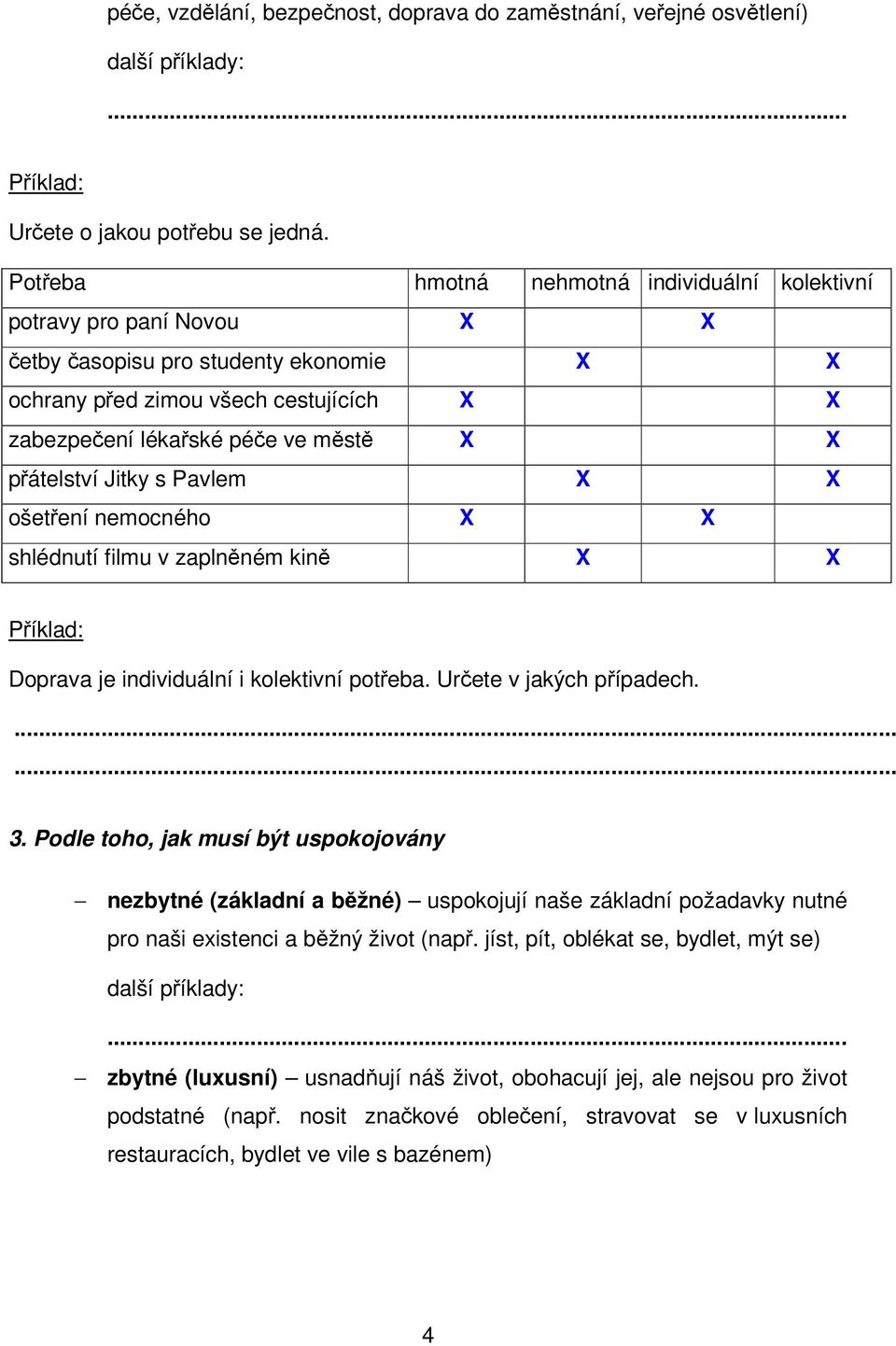 přátelství Jitky s Pavlem X X ošetření nemocného X X shlédnutí filmu v zaplněném kině X X Doprava je individuální i kolektivní potřeba. Určete v jakých případech. 3.