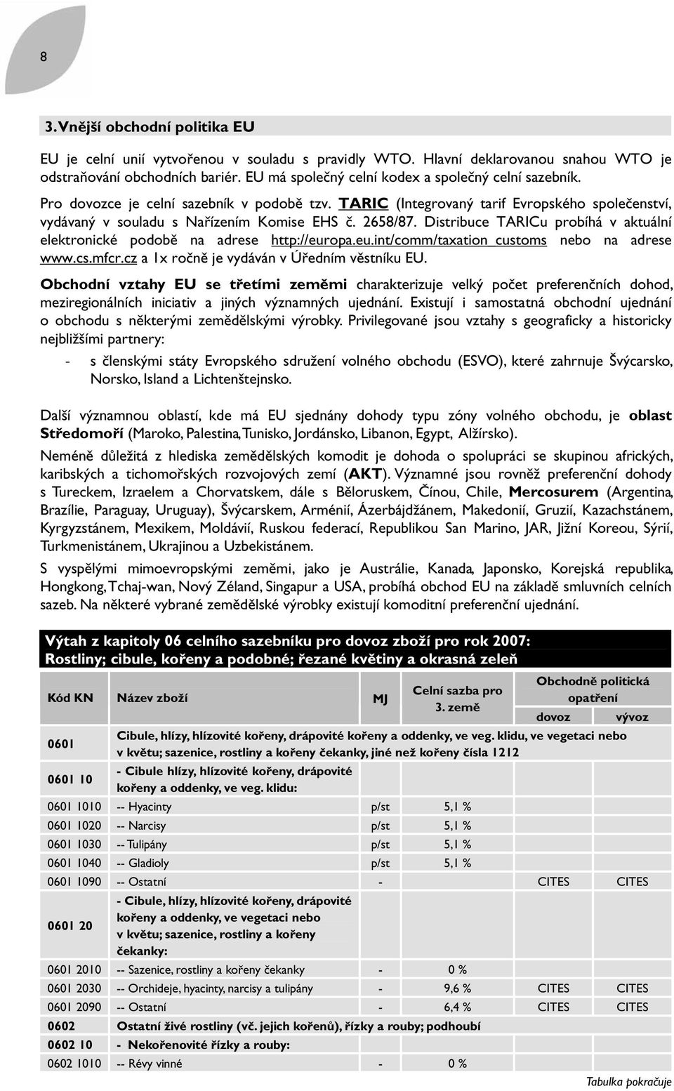 2658/87. Distribuce TARICu probíhá v aktuální elektronické podobě na adrese http://europa.eu.int/comm/taxation_customs nebo na adrese www.cs.mfcr.cz a 1x ročně je vydáván v Úředním věstníku EU.