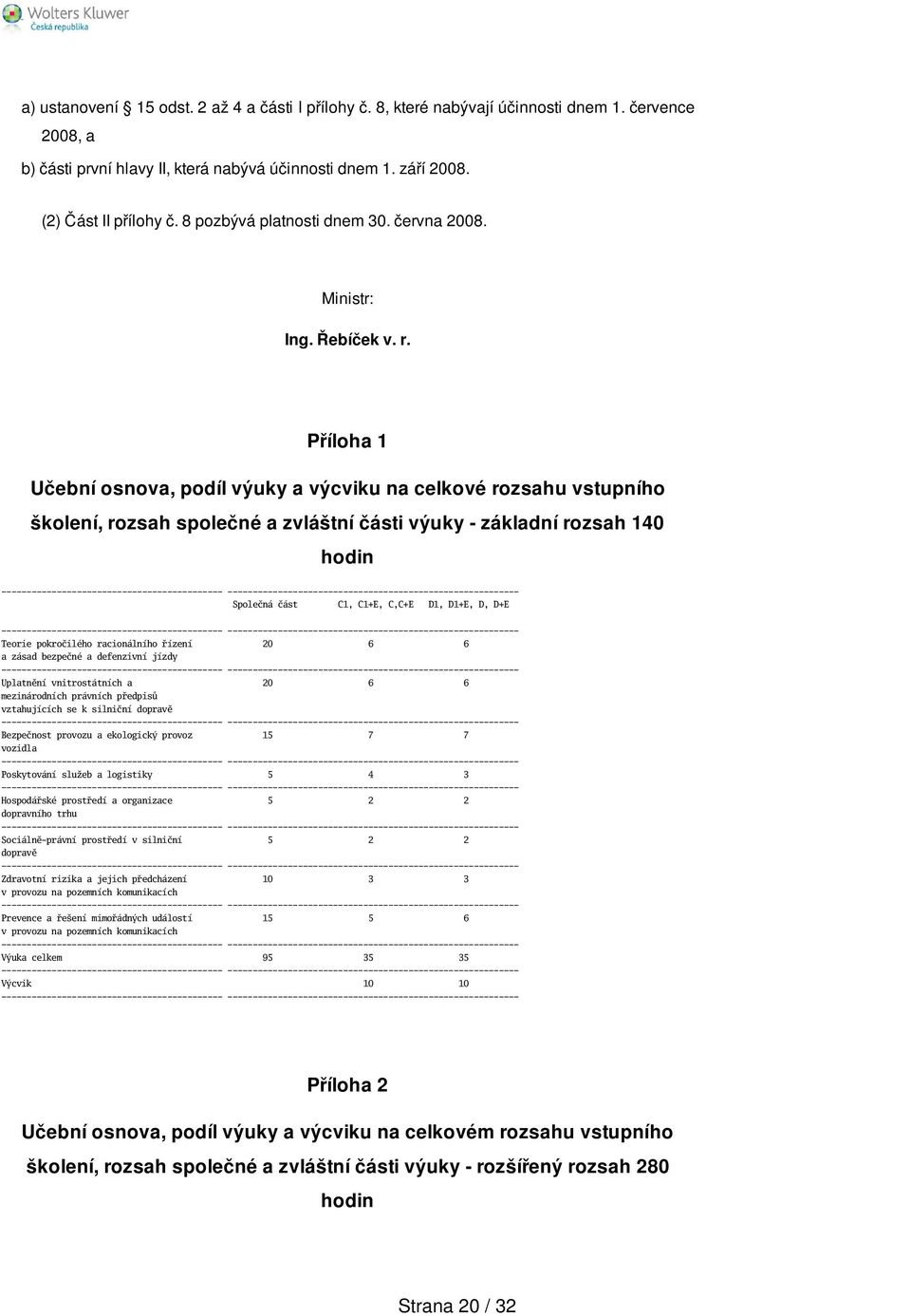 Příloha 1 Učební osnova, podíl výuky a výcviku na celkové rozsahu vstupního školení, rozsah společné a zvláštní části výuky - základní rozsah 140 hodin --------------------------------------------