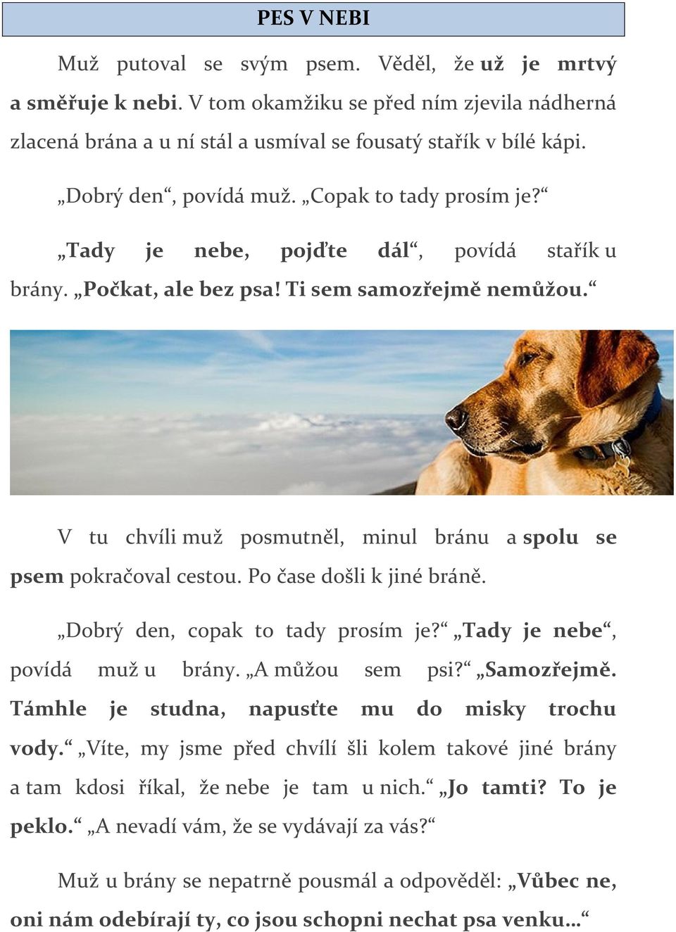 V tu chvíli muž posmutněl, minul bránu a spolu se psem pokračoval cestou. Po čase došli k jiné bráně. Dobrý den, copak to tady prosím je? Tady je nebe, povídá muž u brány. A můžou sem psi? Samozřejmě.