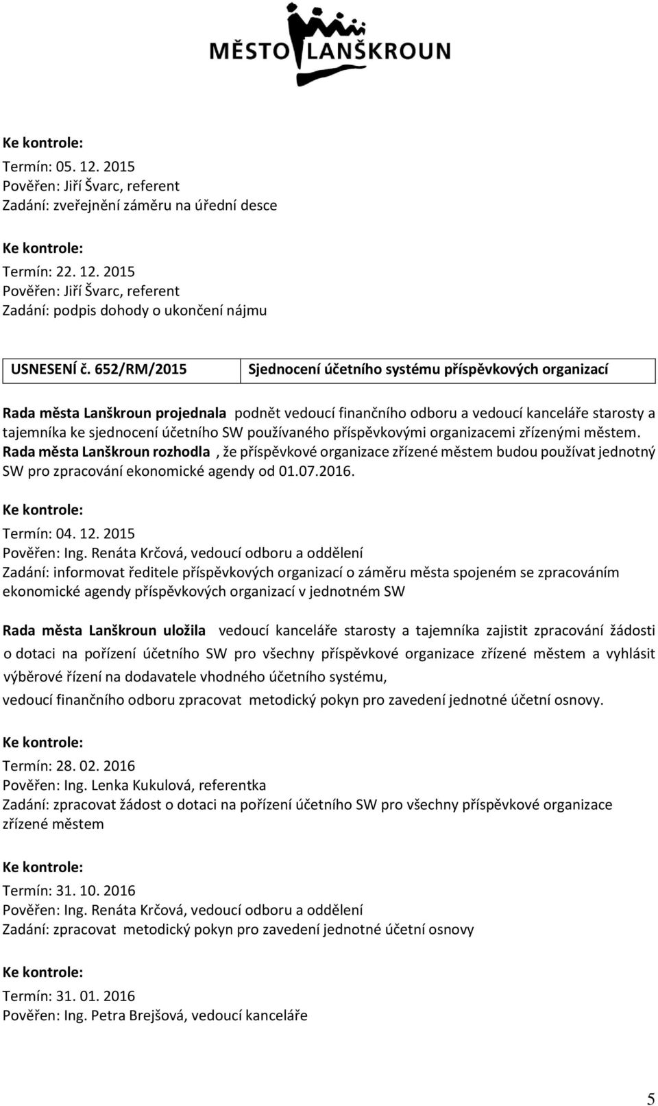 používaného příspěvkovými organizacemi zřízenými městem. Rada města Lanškroun rozhodla, že příspěvkové organizace zřízené městem budou používat jednotný SW pro zpracování ekonomické agendy od 01.07.