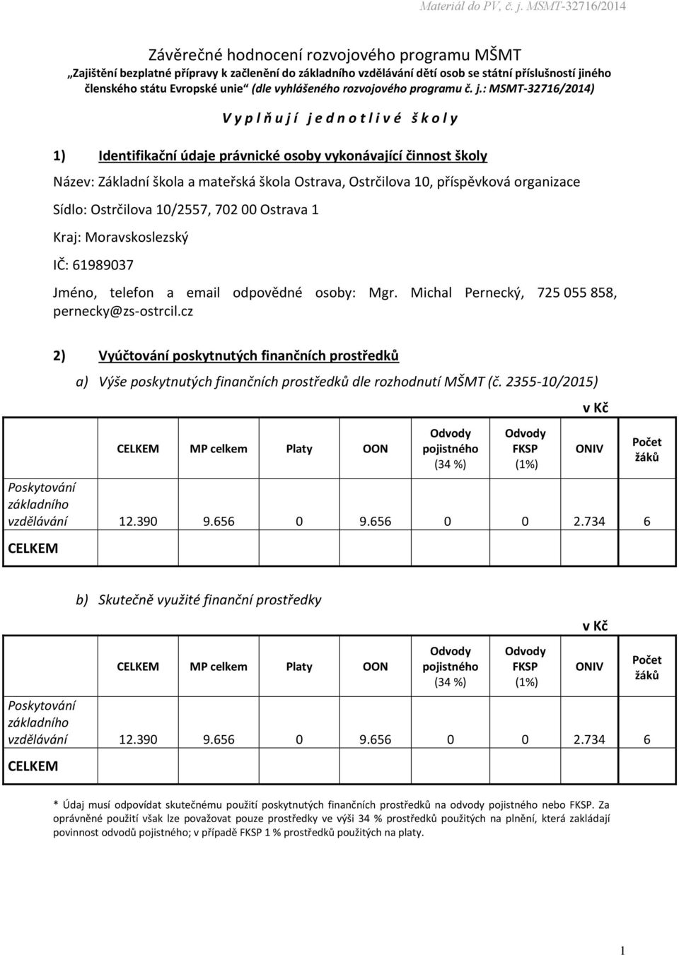 : MSMT-32716/2014) V y p l ň u j í j e d n o t l i v é š k o l y 1) Identifikační údaje právnické osoby vykonávající činnost školy Název: Základní škola a mateřská škola Ostrava, Ostrčilova 10,