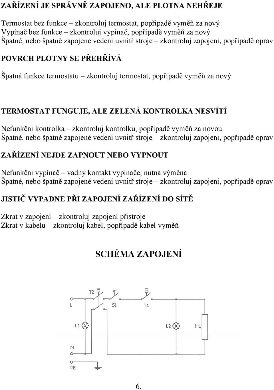 KONTROLKA NESVÍTÍ Nefunkční kontrolka zkontroluj kontrolku, popřípadě vyměň za novou Špatné, nebo špatně zapojené vedení uvnitř stroje zkontroluj zapojení, popřípadě oprav ZAŘÍZENÍ NEJDE ZAPNOUT NEBO