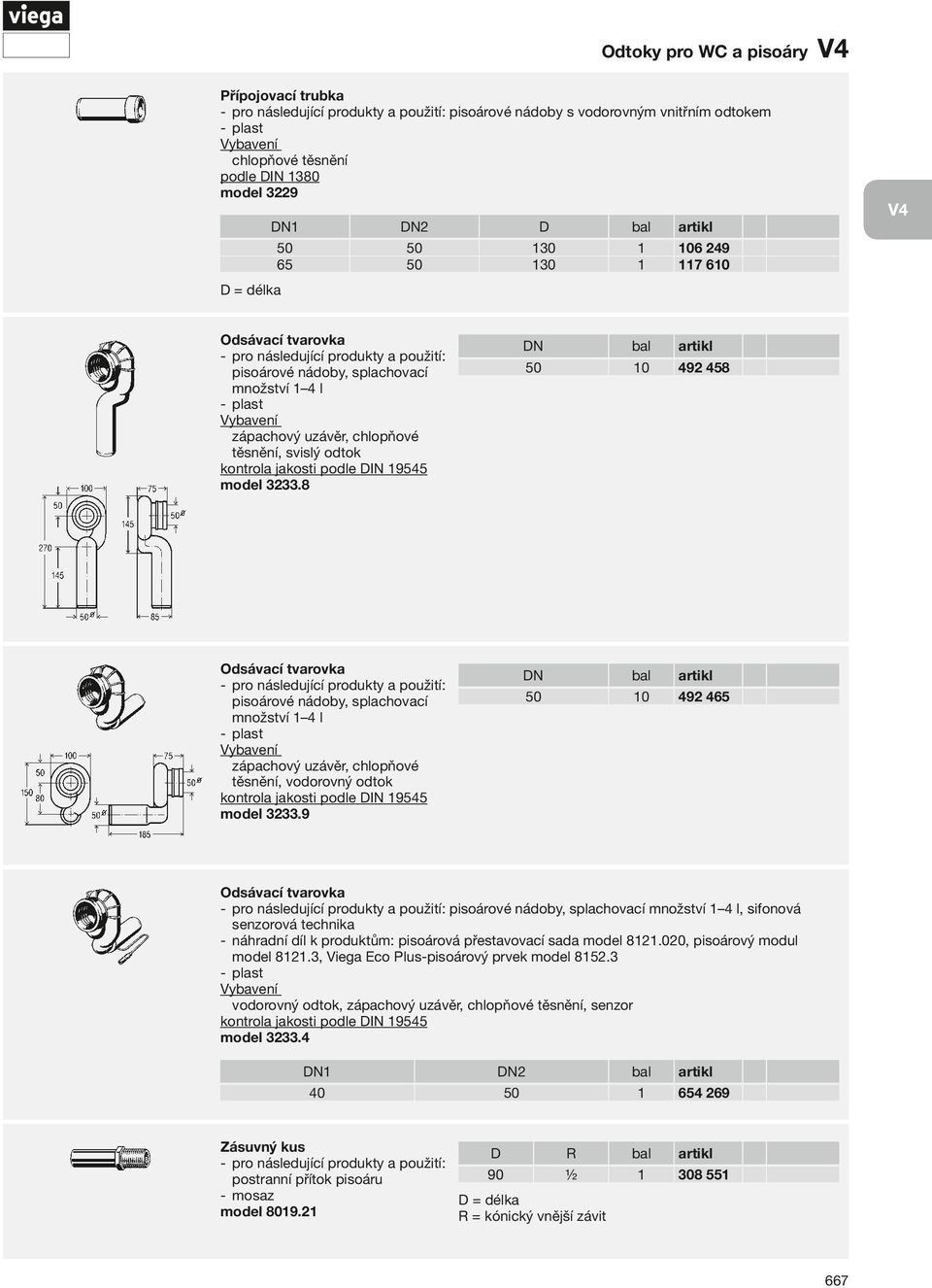 8 DN bal artikl 50 10 492 458 Odsávací tvarovka pisoárové nádoby, splachovací množství 1 4 l zápachový uzávěr, chlopňové těsnění, vodorovný odtok kontrola jakosti podle DIN 19545 model 3233.