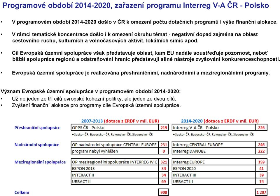 Cíl Evropská územní spolupráce však představuje oblast, kam EU nadále soustřeďuje pozornost, neboť bližší spolupráce regionů a odstraňování hranic představují silné nástroje zvyšování