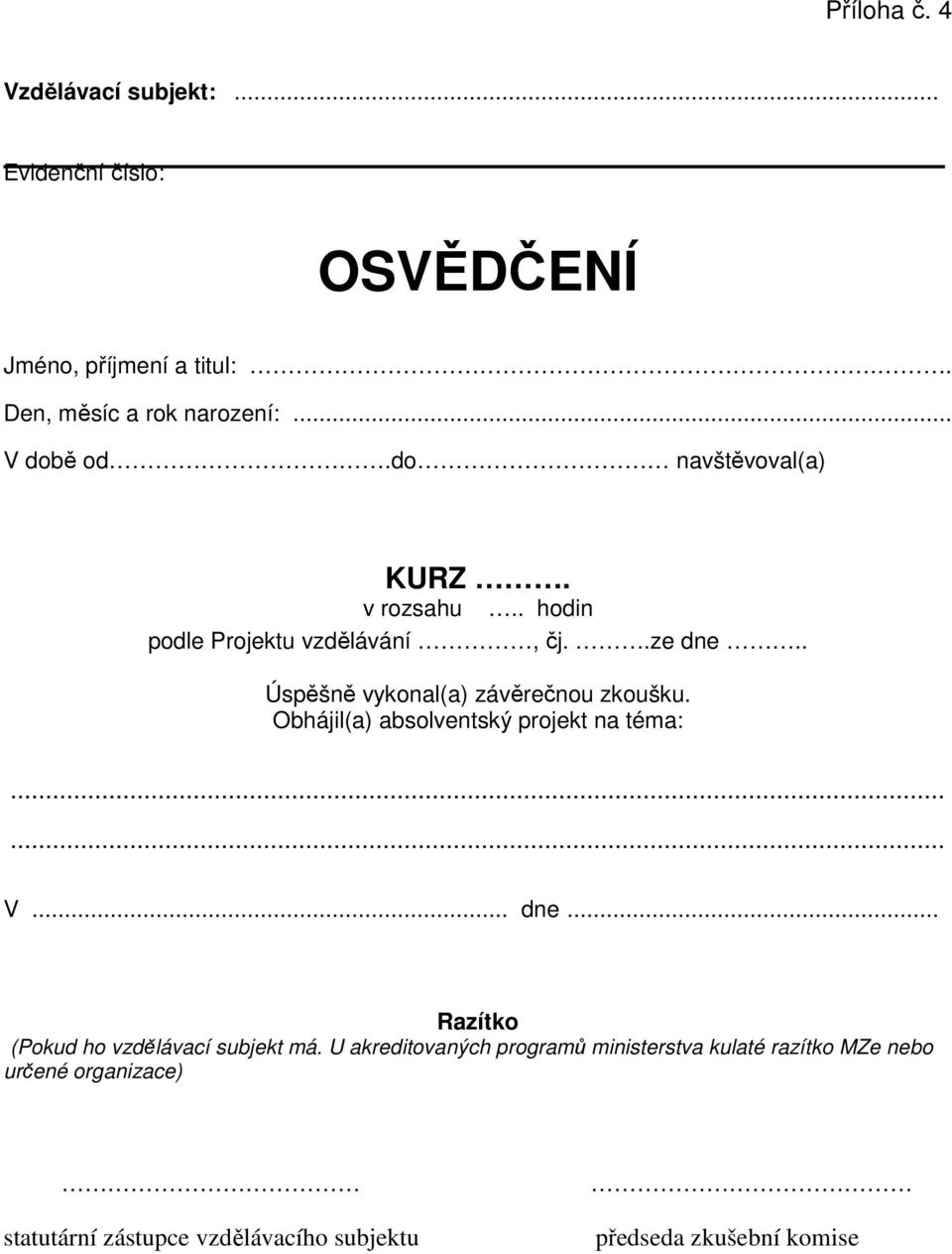 . Úspěšně vykonal(a) závěrečnou zkoušku. Obhájil(a) absolventský projekt na téma:...... V... dne.