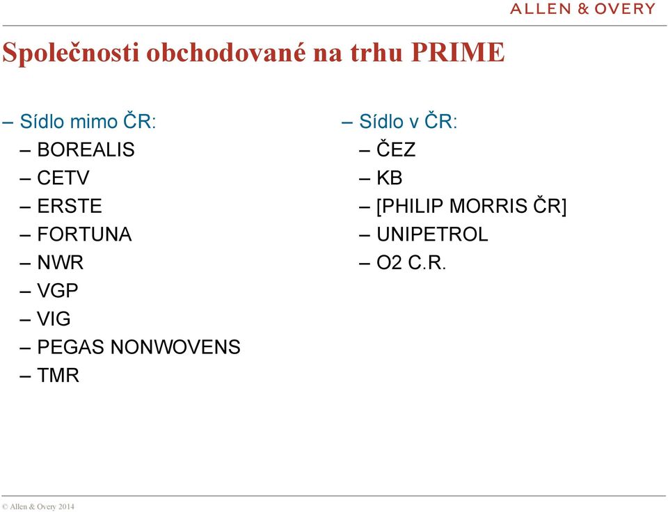 VIG PEGAS NONWOVENS TMR Sídlo v ČR: ČEZ KB