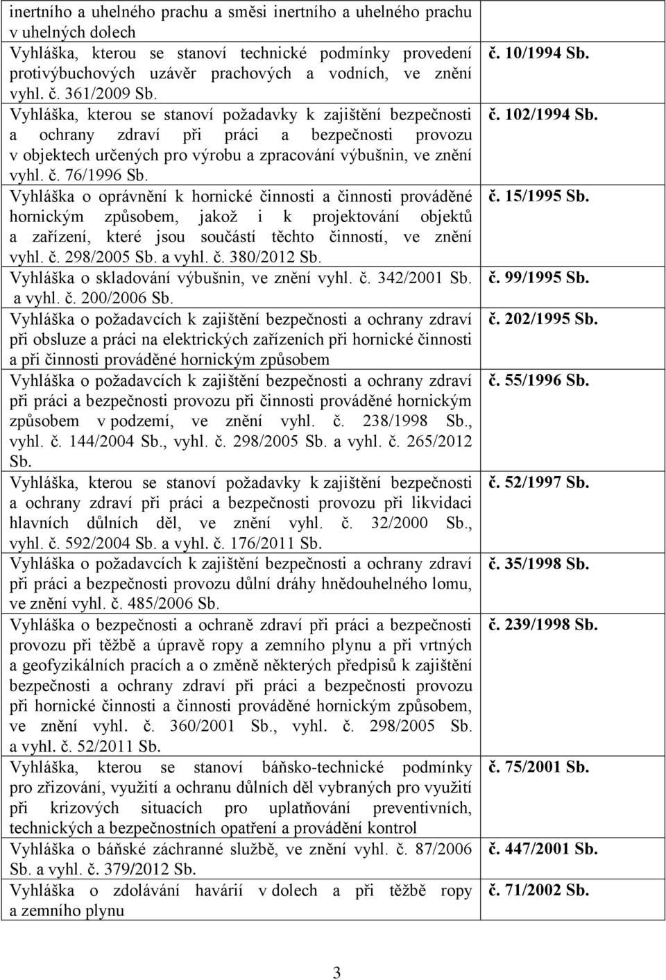 Vyhláška o oprávnění k hornické činnosti a činnosti prováděné hornickým způsobem, jakož i k projektování objektů a zařízení, které jsou součástí těchto činností, ve znění vyhl. č. 298/2005 Sb. a vyhl.