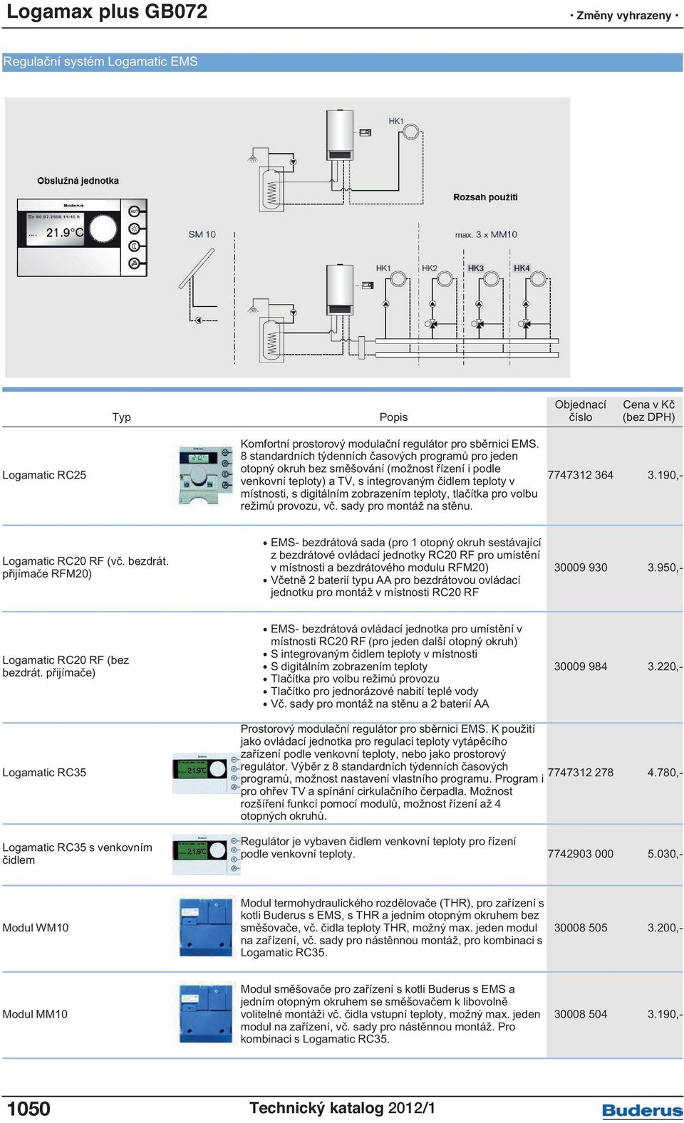 teploty, tlačítka pro volbu režimů provozu, vč. sady pro montáž na stěnu. 7747312 364 3.190,- Logamatic RC20 RF (vč. bezdrát.