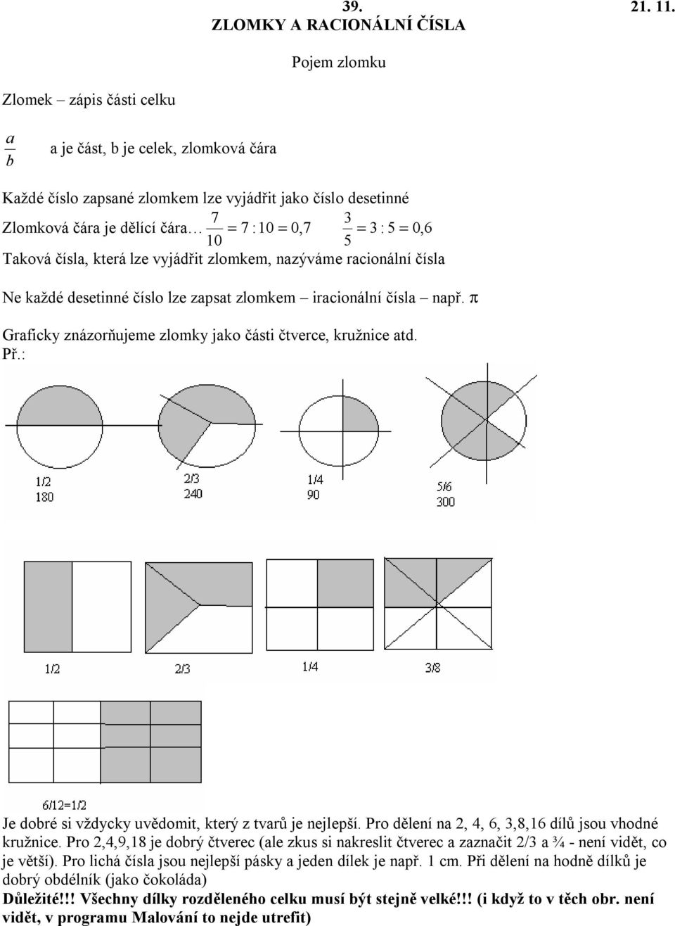π Graficky znázorňujeme zlomky jako části čtverce, kružnice atd. Je dobré si vždycky uvědomit, který z tvarů je nejlepší. Pro dělení na,,,,, dílů jsou vhodné kružnice.