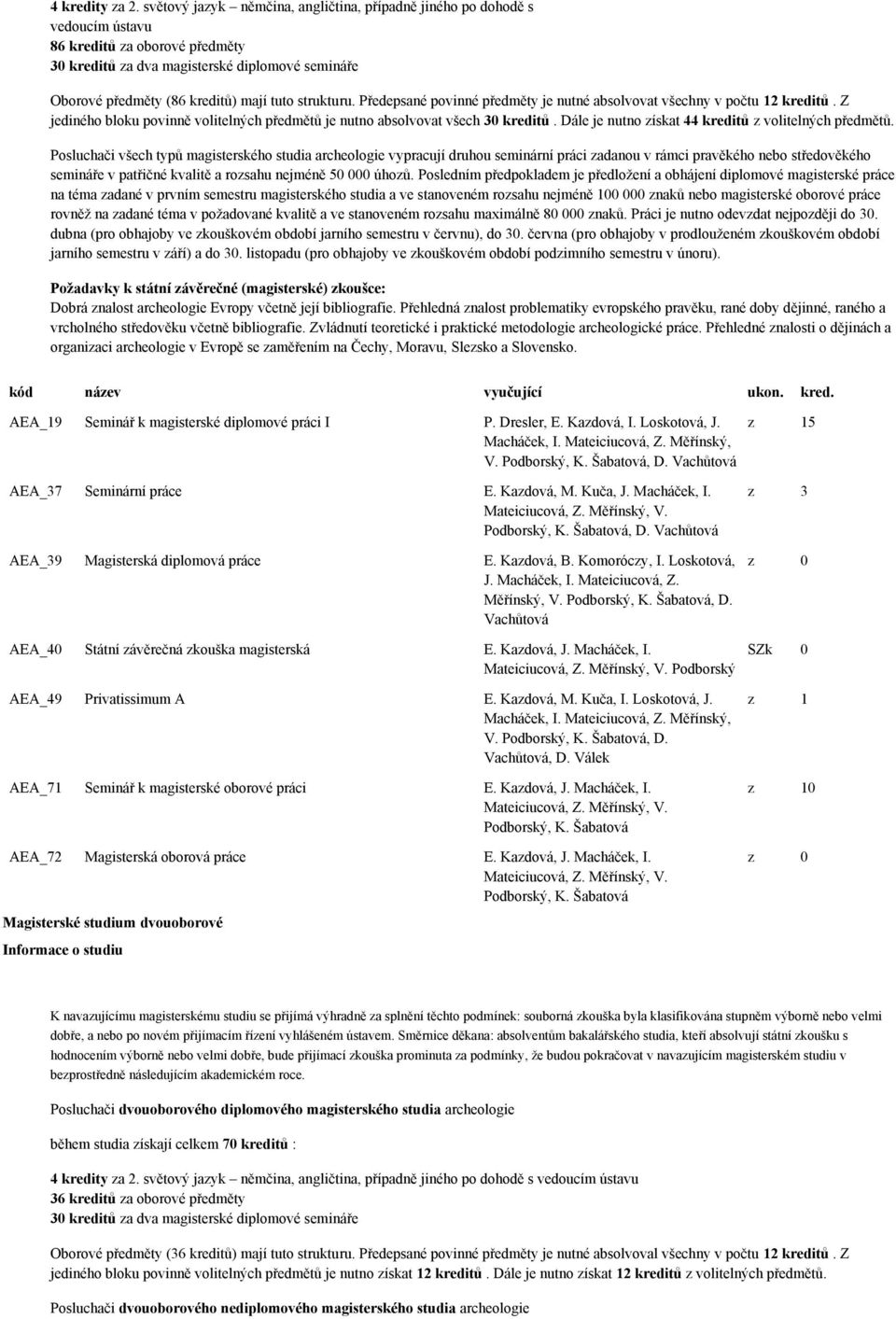 strukturu. Předepsané povinné předměty je nutné absolvovat všechny v počtu 12 kreditů. Z jediného bloku povinně volitelných předmětů je nutno absolvovat všech 30 kreditů.