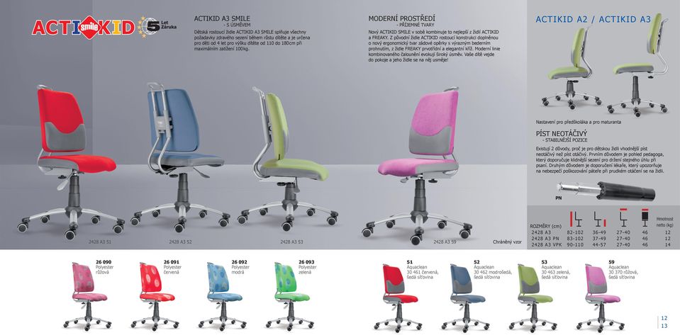 Z původní židle ACTIKID rostoucí konstrukci doplněnou o nový ergonomický tvar zádové opěrky s výrazným bederním prohnutím, z židle FREAKY prvotřídní a elegantní kříž.