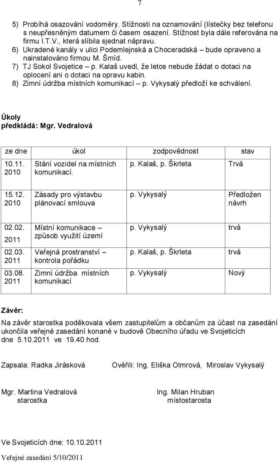 Kalaš uvedl, že letos nebude žádat o dotaci na oplocení ani o dotaci na opravu kabin. 8) Zimní údržba místních komunikací p. Vykysalý předloží ke schválení. Úkoly předkládá: Mgr.