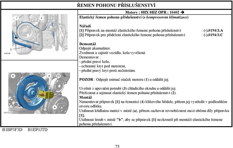 Demontovat : - přední pravé kolo, - ochranný kryt pod motorem, - přední pravý kryt proti nečistotám. POZOR : Odpojit snímač otáček motoru (1) a oddálit jej.