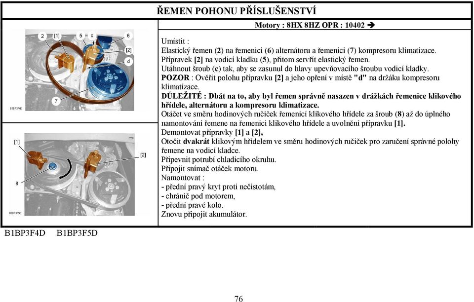 DŮLEŽITÉ : Dbát na to, aby byl řemen správně nasazen v drážkách řemenice klikového hřídele, alternátoru a kompresoru klimatizace.