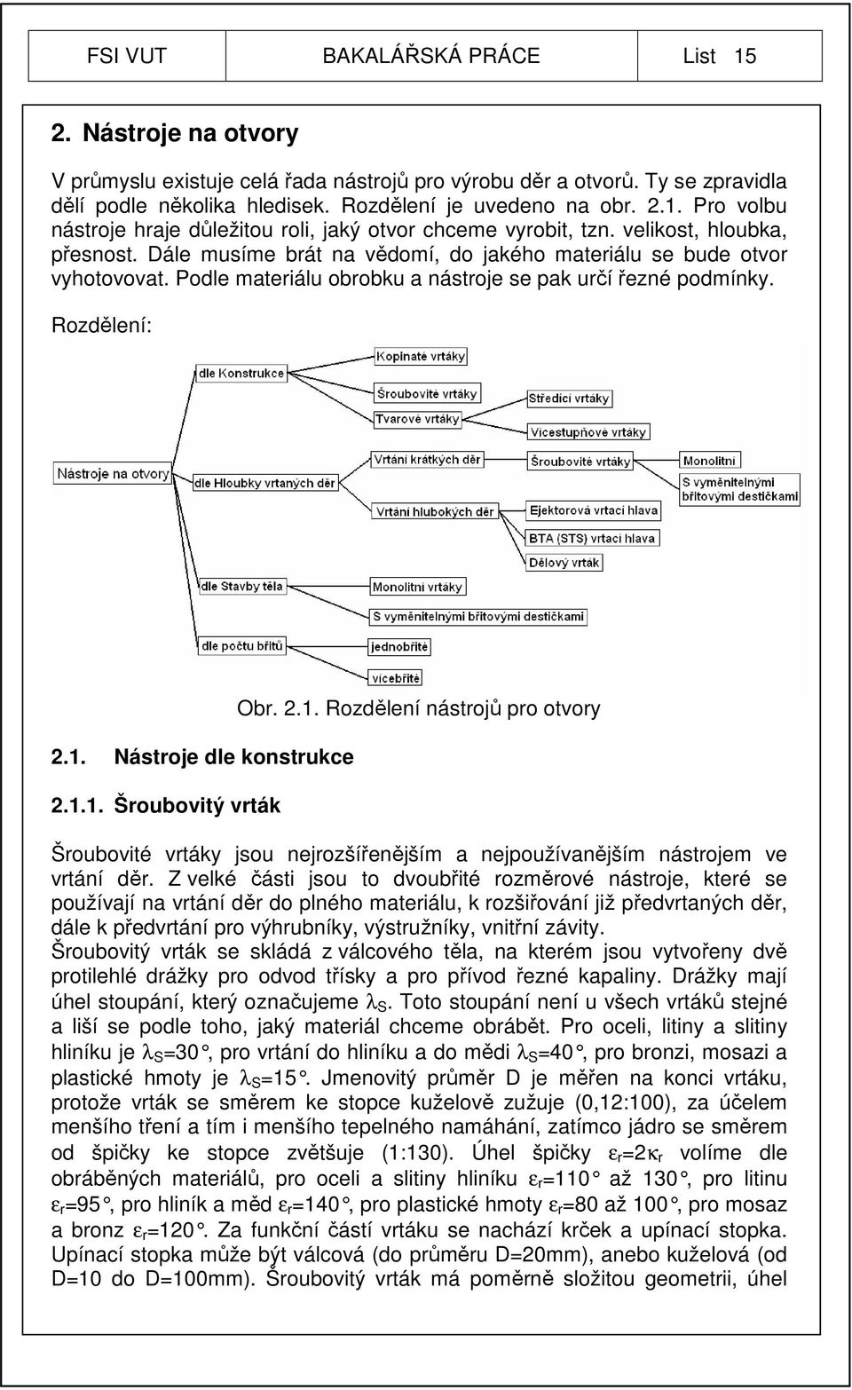 Nástroje dle konstrukce 2.1.1. Šroubovitý vrták Obr. 2.1. Rozdělení nástrojů pro otvory Šroubovité vrtáky jsou nejrozšířenějším a nejpoužívanějším nástrojem ve vrtání děr.