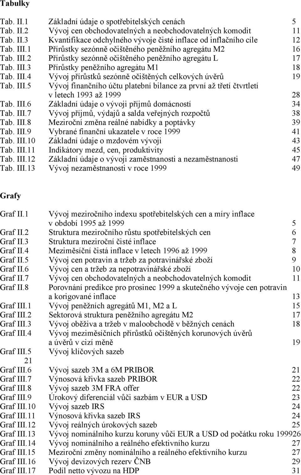 III.5 Vývoj finančního účtu platební bilance za první až třetí čtvrtletí v letech 1993 až 1999 28 Tab. III.6 Základní údaje o vývoji příjmů domácností 34 Tab. III.7 Vývoj příjmů, výdajů a salda veřejných rozpočtů 38 Tab.