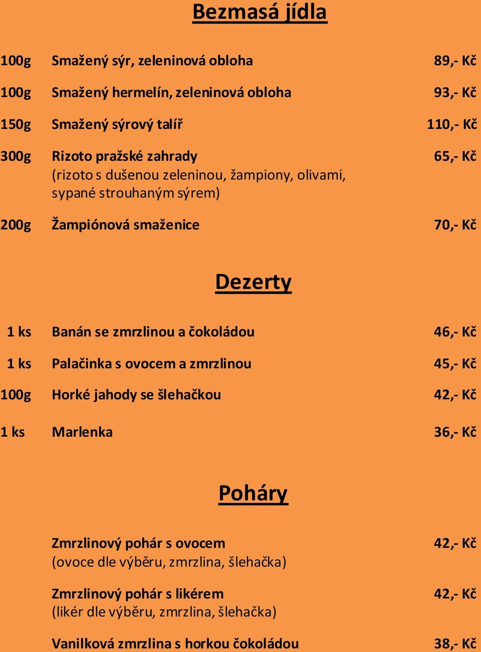 zmrzlinou a čokoládou 46,- Kč 1 ks Palačinka s ovocem a zmrzlinou 45,- Kč 100g Horké jahody se šlehačkou 42,- Kč 1 ks Marlenka 36,- Kč Poháry Zmrzlinový pohár s